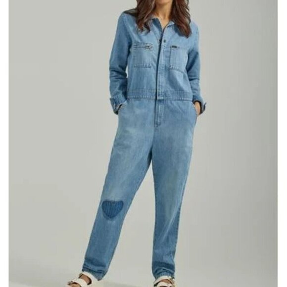 Lee Denim Jumpsuit Women's Size XS Blue Heart Patch Coveralls One Piece - Picture 1 of 14